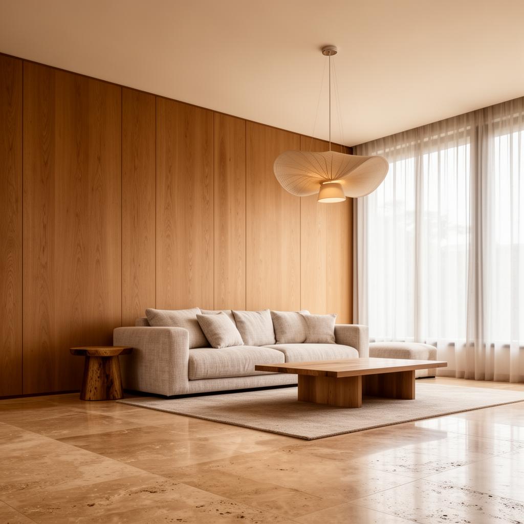 Interior Japandi modern dengan lantai travertine